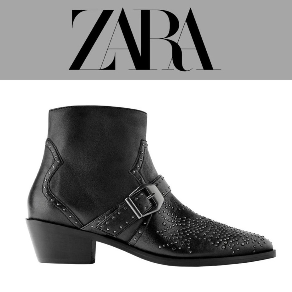 Zara Western Black Leather Micro Stud Ankle Boots